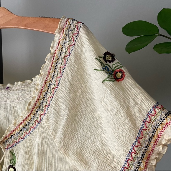 Vintage Boho Embroidered Floral 100% Cotton Off Shoulder Blouse Top Shirt Yellow - Picture 4 of 8